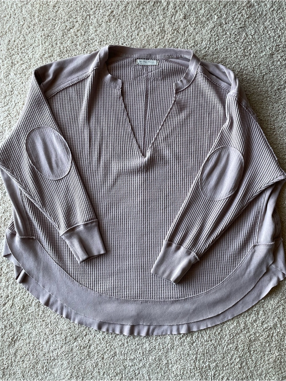 We The Free Waffle-Knit Pullover Sweater V-Neck Gray Long Sleeve Elbow Patch S
